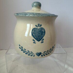 Hermitage Pottery Blue Heart Vintage Cookie/Canister Farmhouse Style 6.5 inches